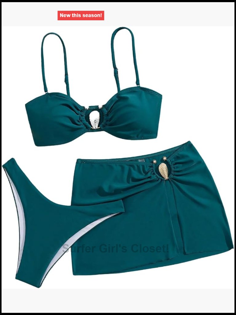 Metal Decor High Waisted Cheeky Bikini Set With Cover Up Skirt